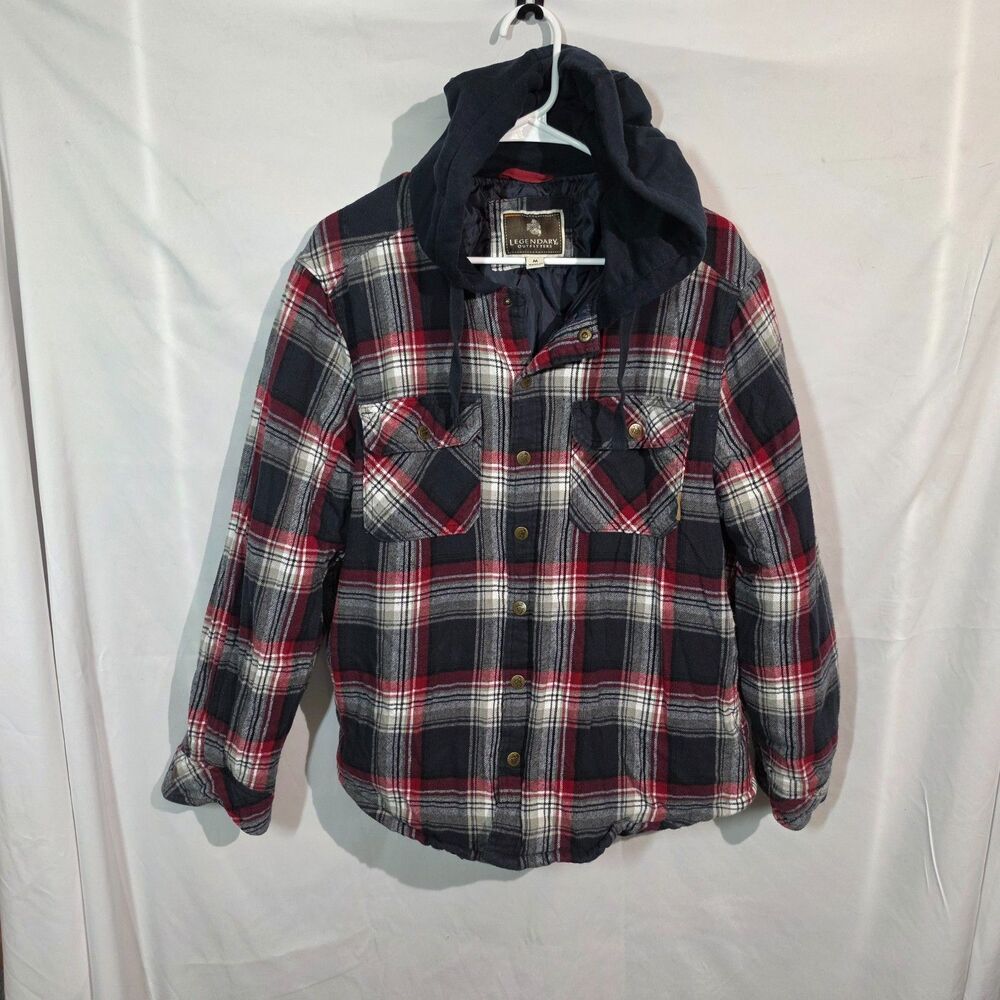 Legendary Outfitters Quilted Lined Hooded Flannel Shirt Jacket Red Navy M